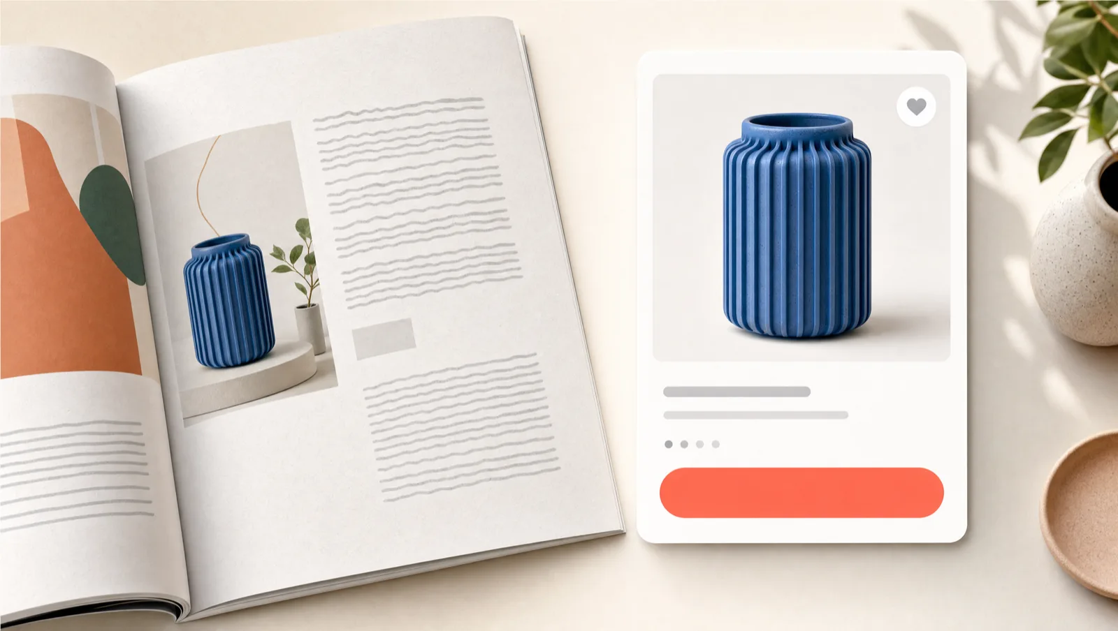 Open magazine advertorial and an ecommerce product card showing the same blue vase, comparing advertorials versus landing pages for cold DTC traffic
