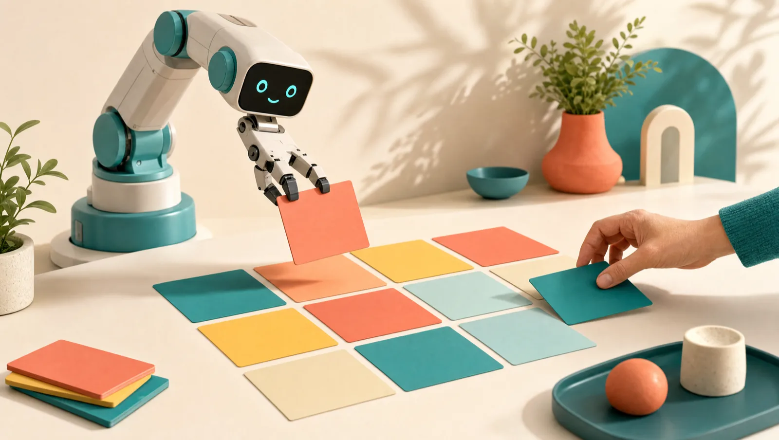 A friendly robotic arm laying out colorful ad cards in a grid while a human hand adjusts one, representing an AI ad creative workflow with human quality control
