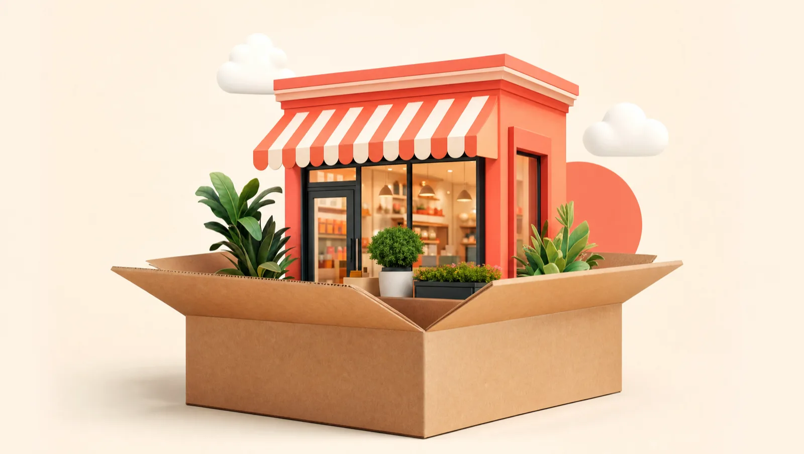 A bright storefront with a striped awning rising out of an open kraft shipping box, representing an Amazon brand expanding into its own DTC store