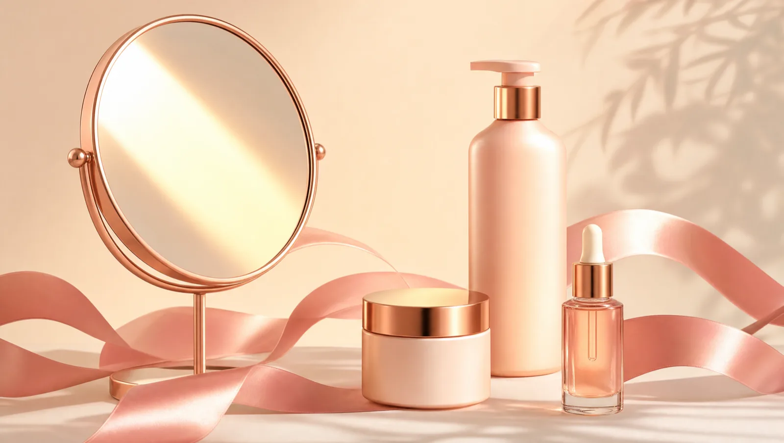 Vanity mirror casting warm light on shampoo, cream and hair serum with silk ribbons, representing beauty and hair care ad angles that scale