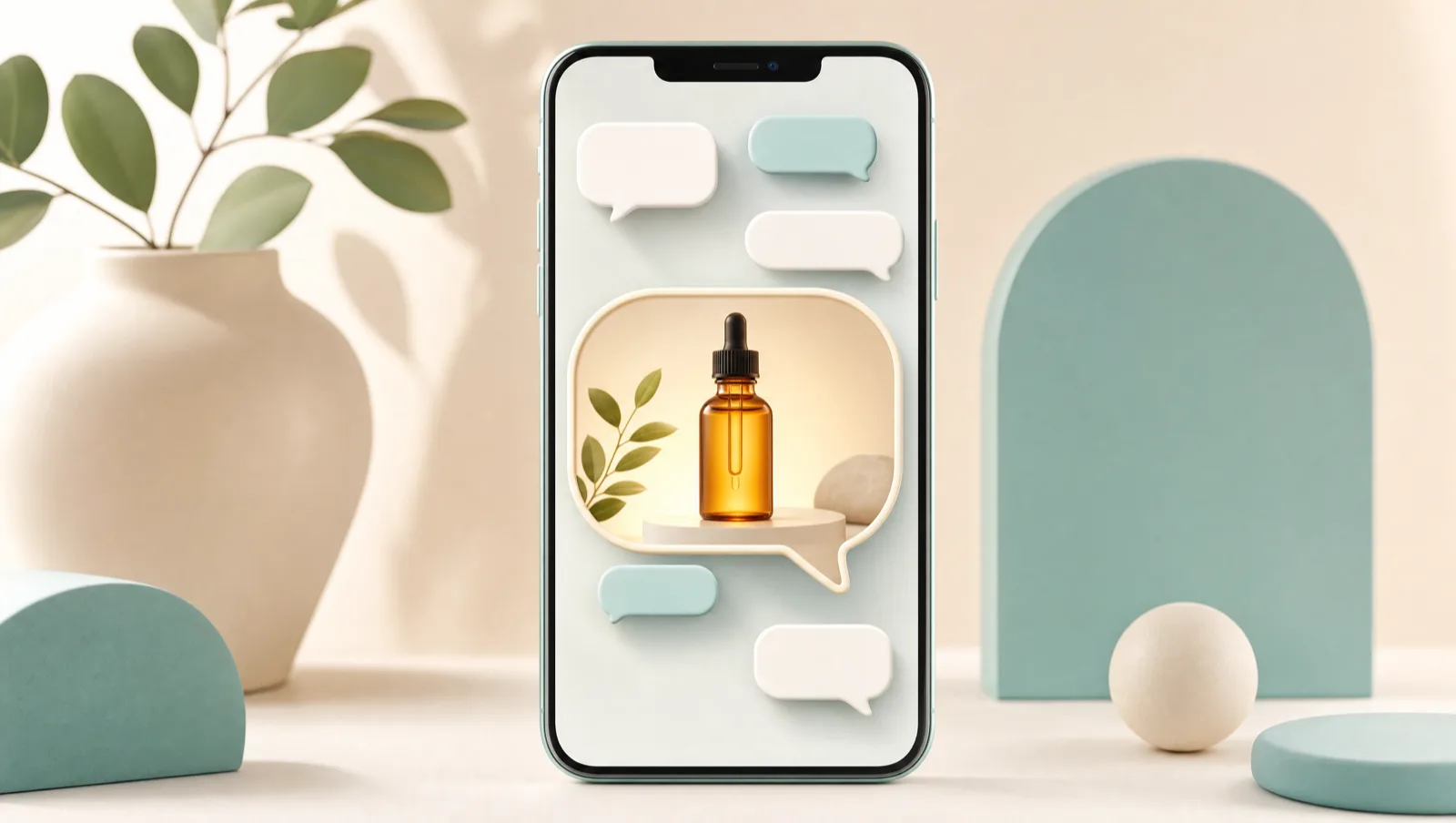 Smartphone chat conversation with a product bottle featured inside a recommendation bubble, illustrating how a brand gets recommended by ChatGPT