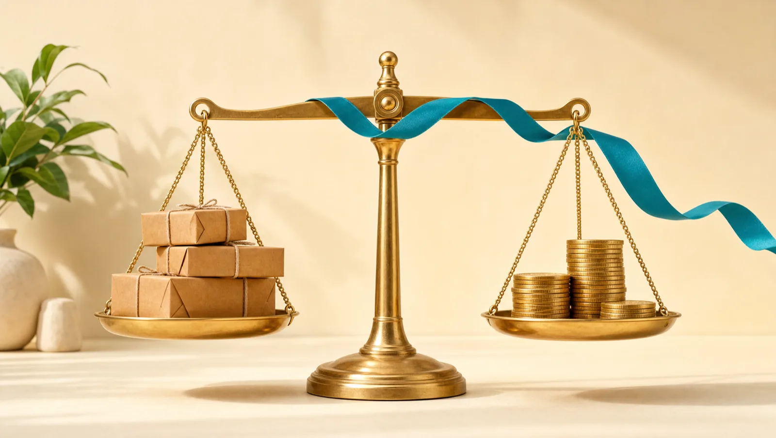 Balanced brass scale in bright daylight with kraft shipping parcels on one pan and stacked gold euro coins on the other, a teal ribbon across the beam, representing breakeven ROAS math for ecommerce