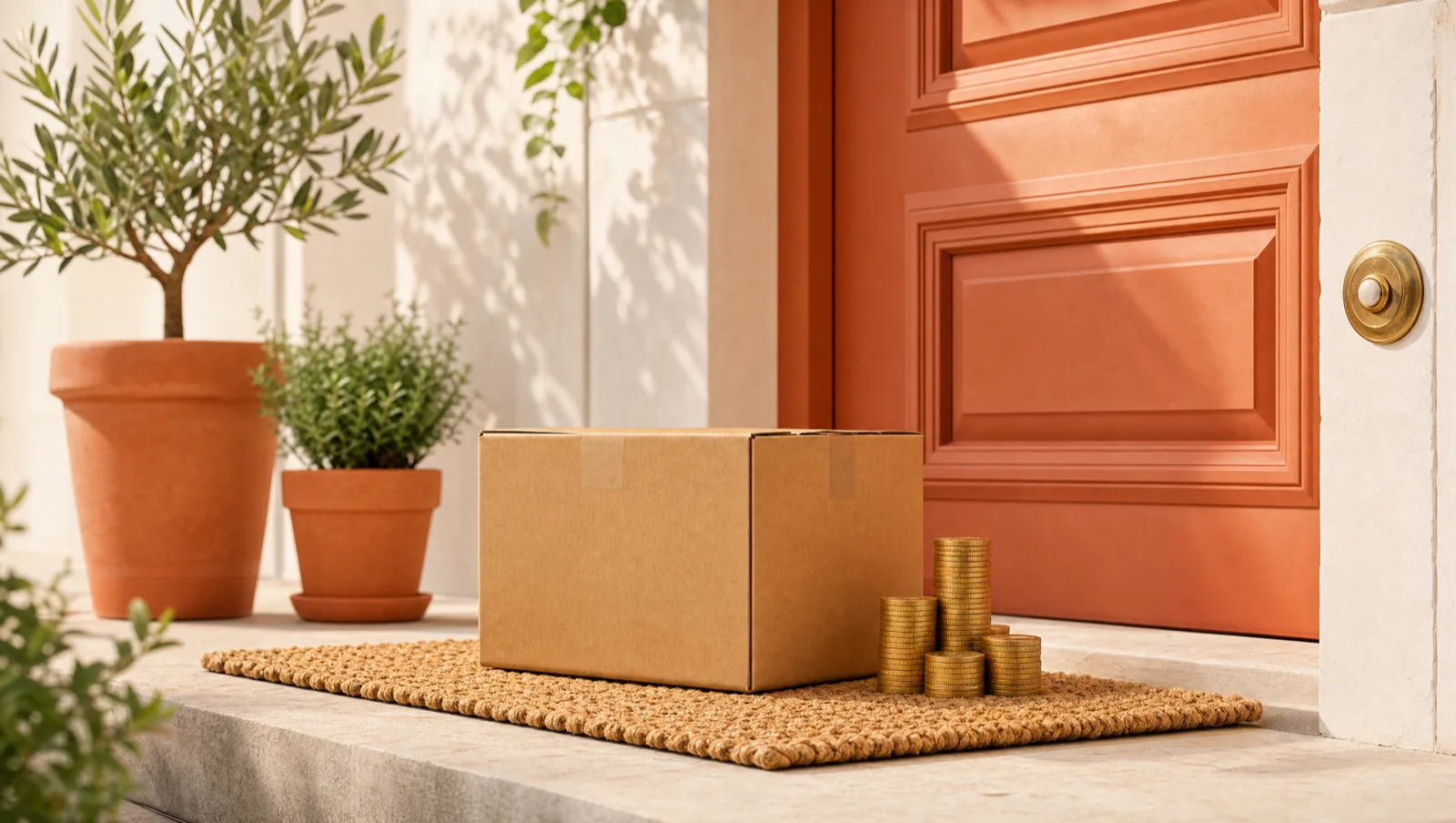 Kraft parcel and a stack of gold coins on a doormat at a bright front door, representing cash on delivery ecommerce in Europe