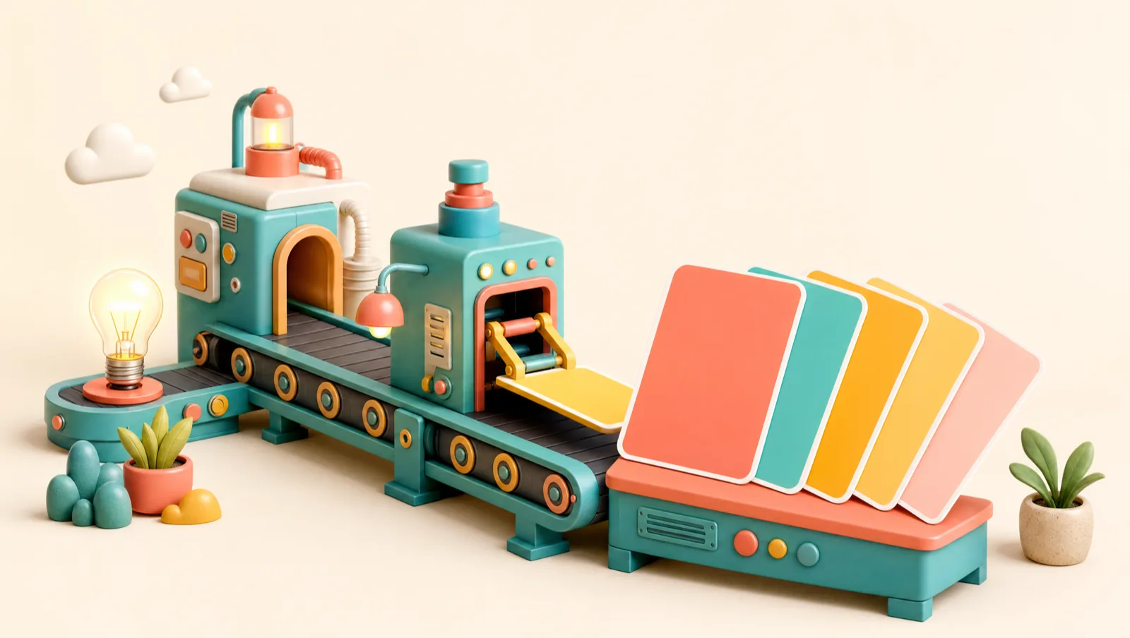 Playful toy factory conveyor turning a glowing lightbulb into a fanned row of colorful ad cards, representing the DTC creative production machine that scales Meta ads
