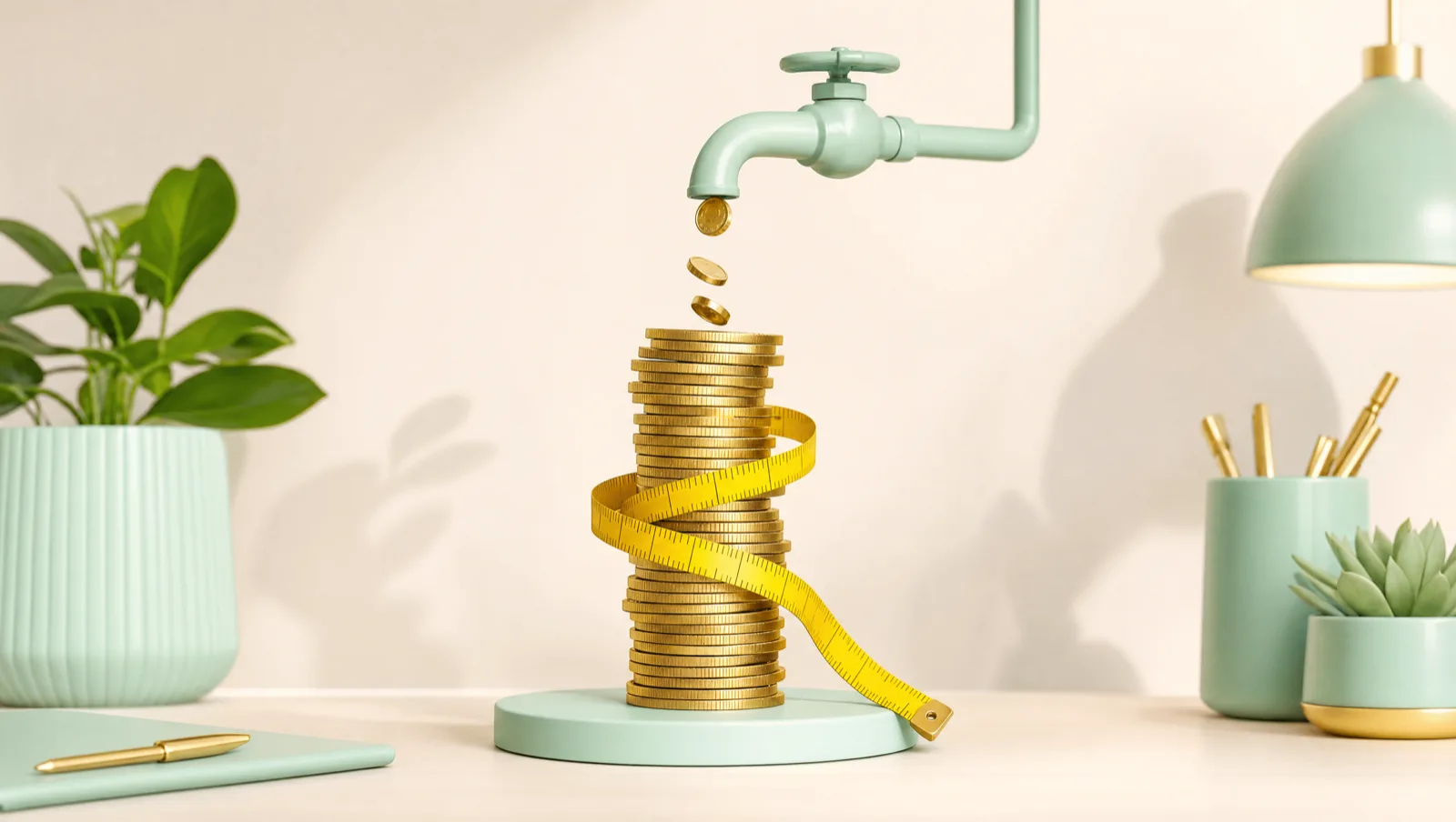 Mint green tap dripping gold coins onto a stack wrapped in a yellow measuring tape, representing how much a DTC brand should spend on ads