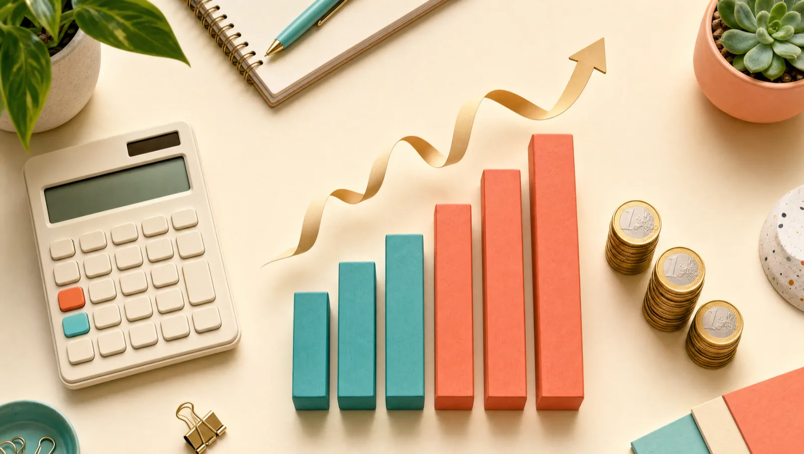 Flat lay desk with a calculator, rising teal and coral bar chart blocks, stacked euro coins and an upward arrow ribbon, illustrating the DTC ecommerce metrics glossary