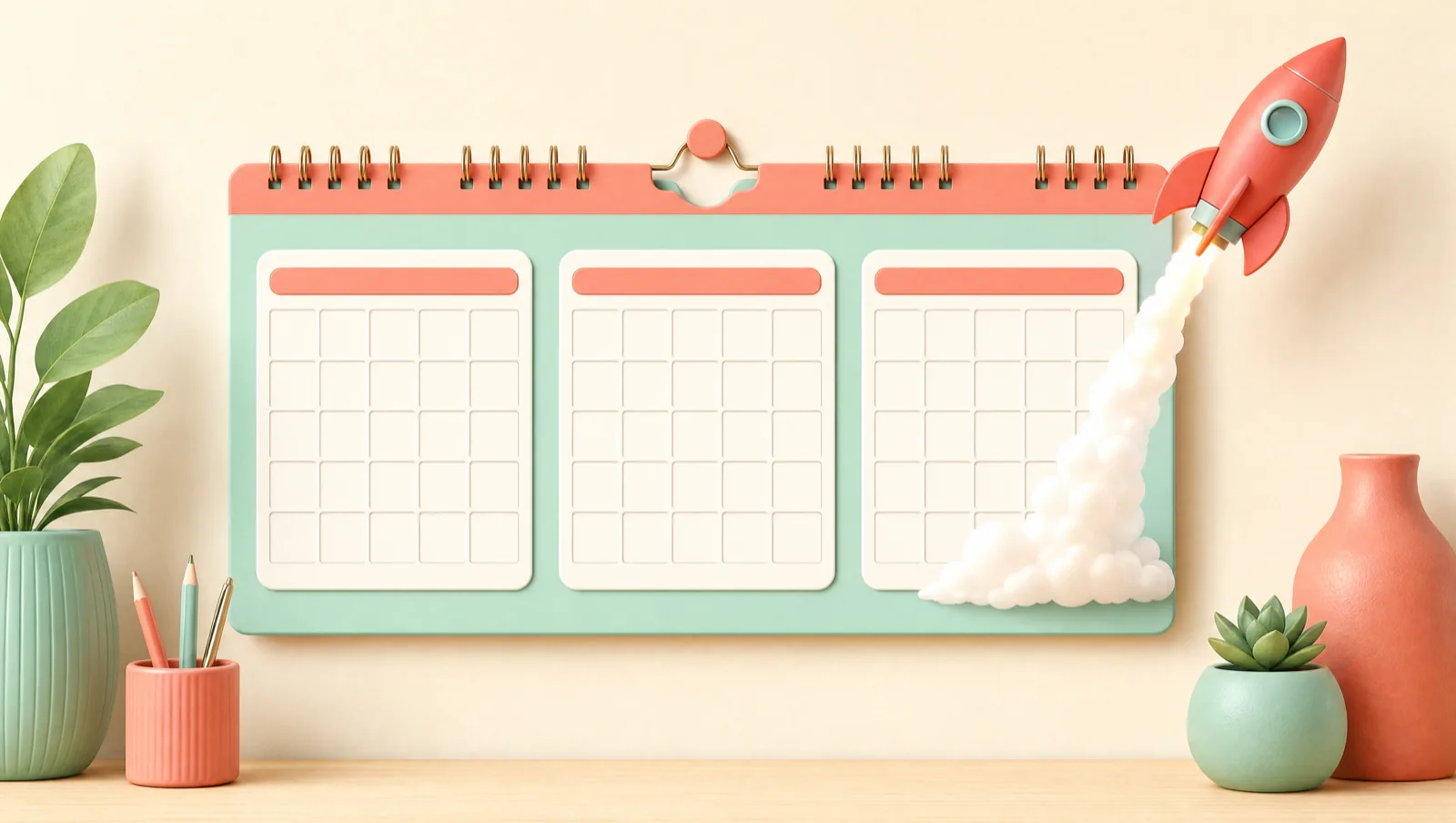 A wall calendar showing three blank months with a small rocket lifting off from the third, representing the first 90 days of a DTC launch media plan