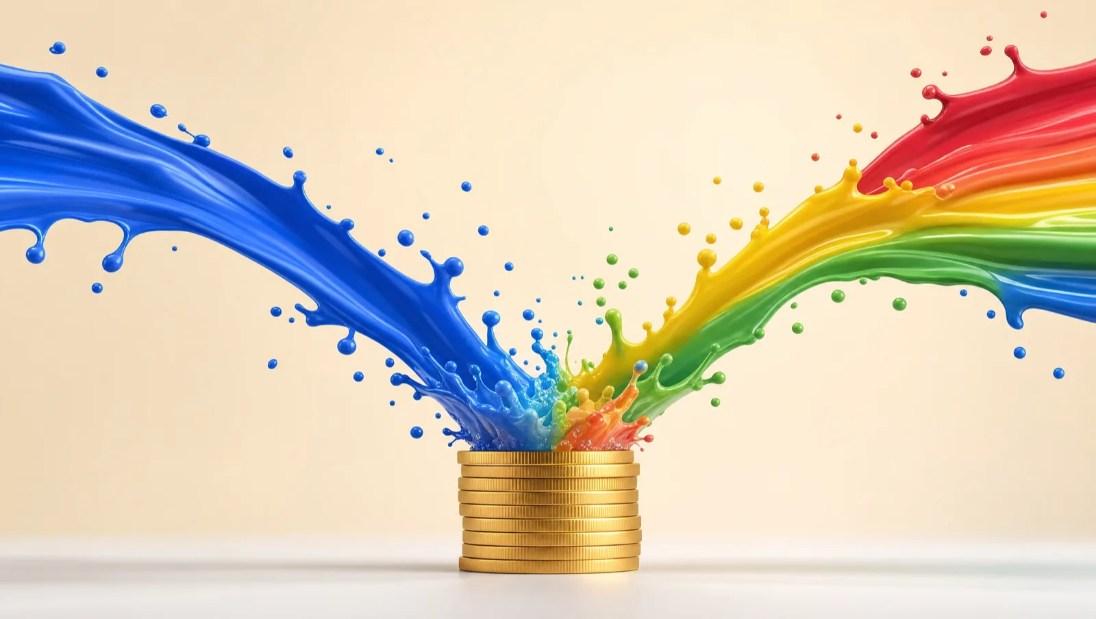 A royal blue paint stream and a multicolor paint stream colliding above a stack of gold coins, representing the Google Ads versus Meta Ads budget split