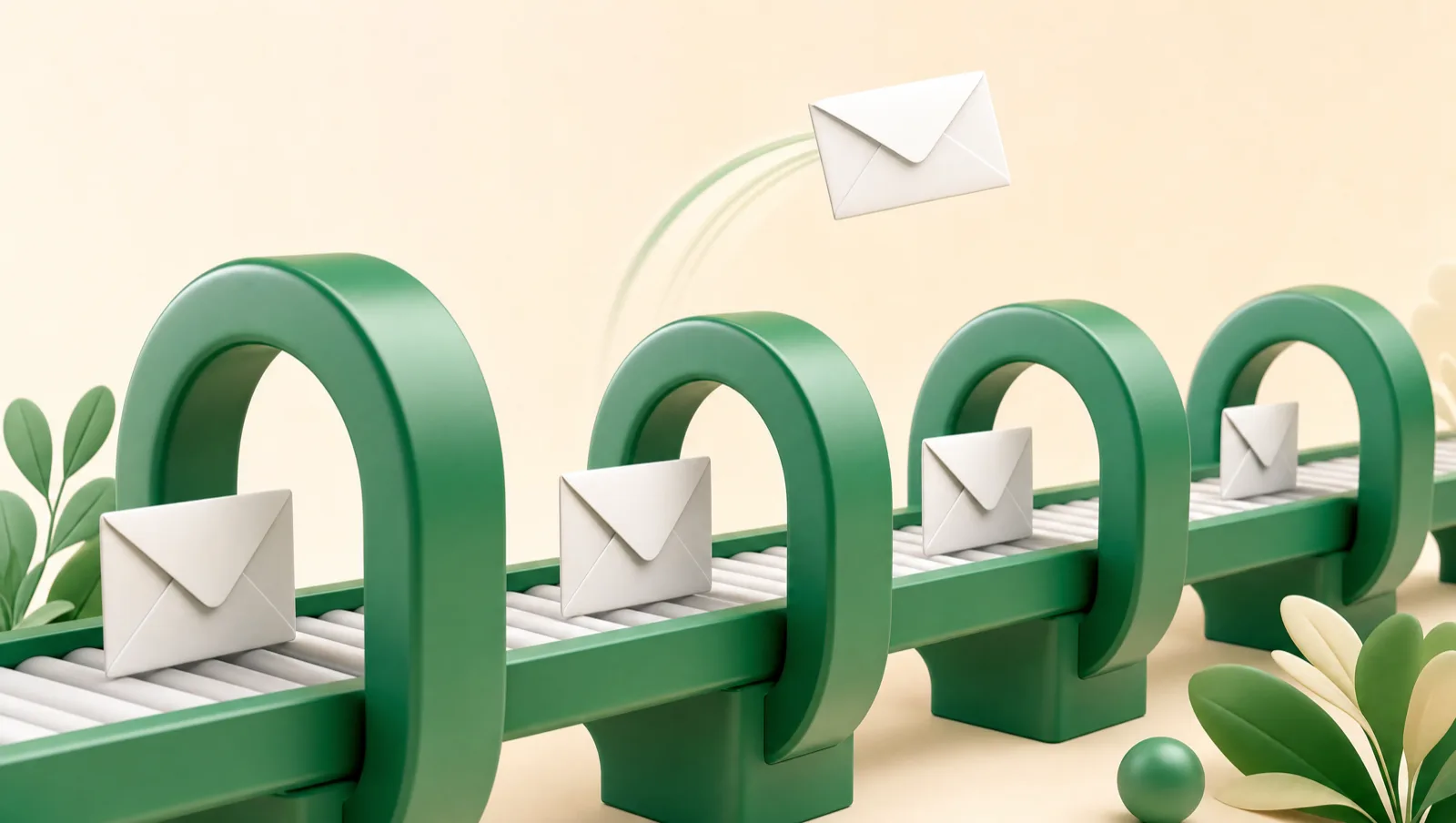 White envelopes moving along a conveyor through green gates, illustrating the eight Klaviyo email flows every DTC store needs in build order