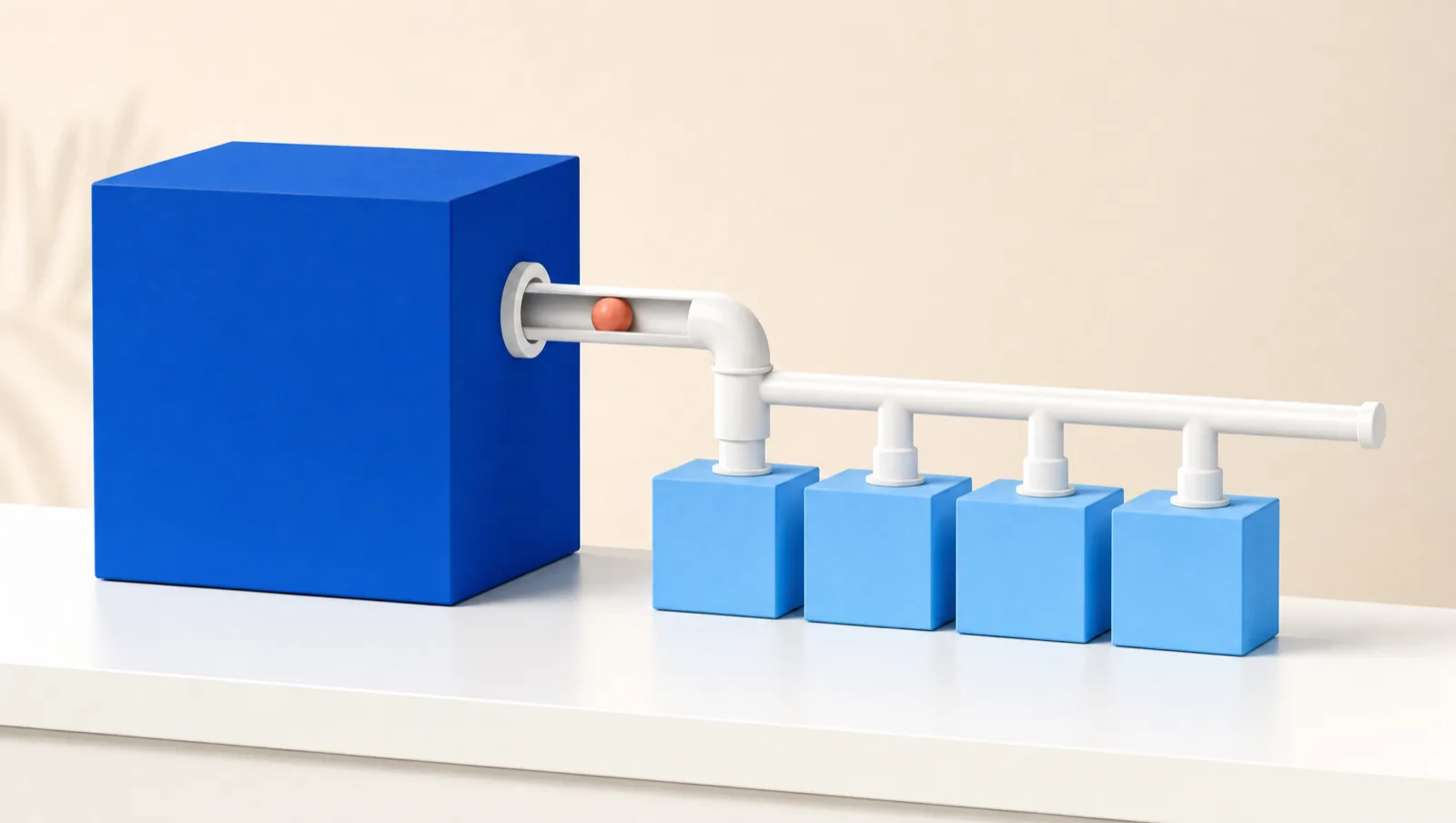 One large blue cube feeding a row of smaller cubes through white pipes, illustrating a consolidated Meta Ads account structure for DTC brands