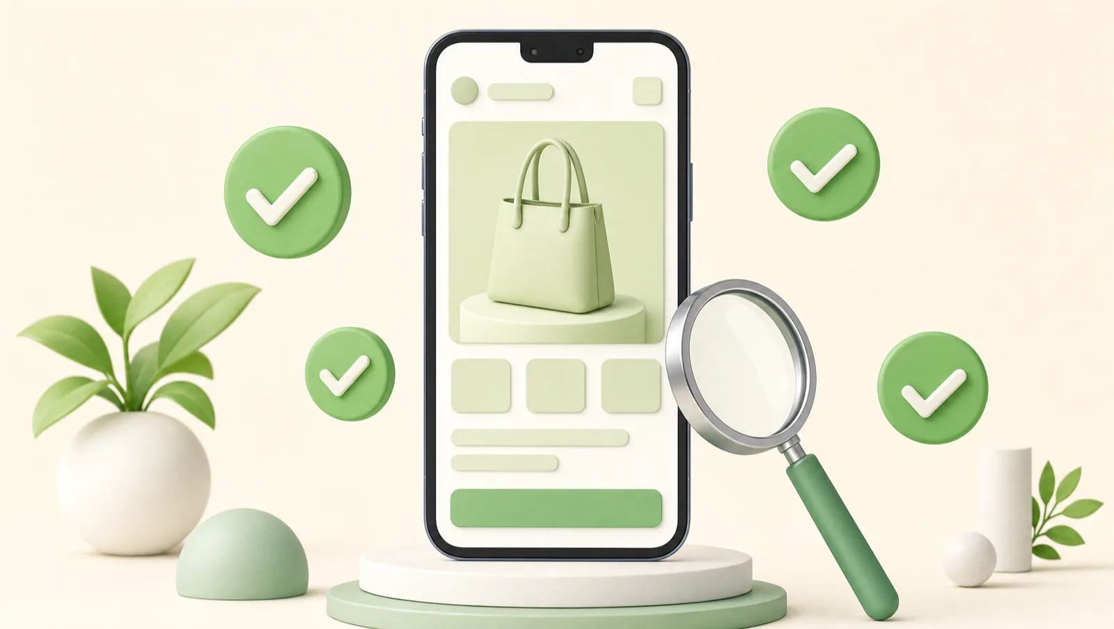 Smartphone showing a clean product page surrounded by green checkmarks with a magnifying glass, representing a product page CRO checklist