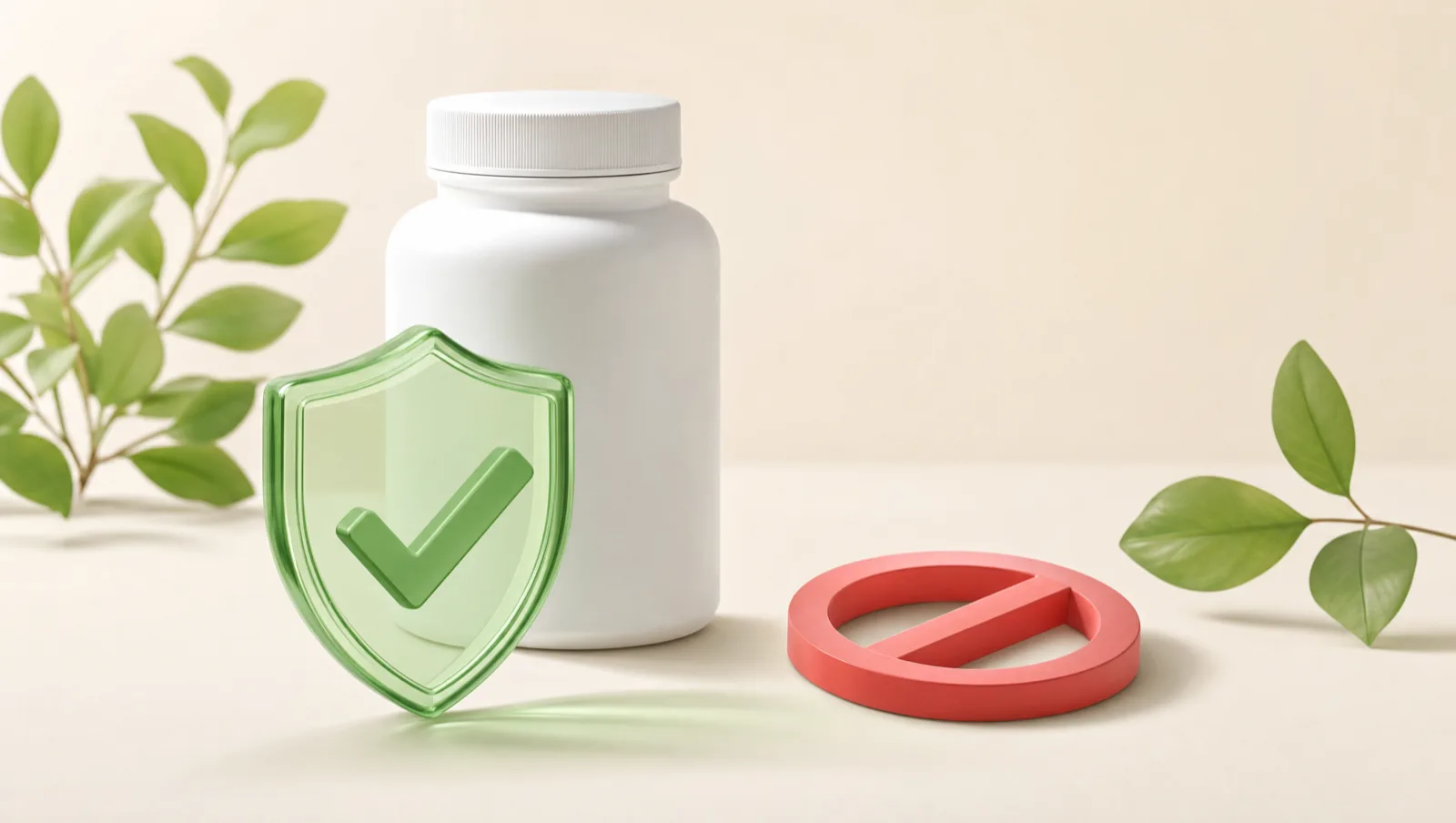 Supplement bottle behind a green checkmark shield with a red prohibition ring beside it, representing supplement ad compliance rules on Meta and Google