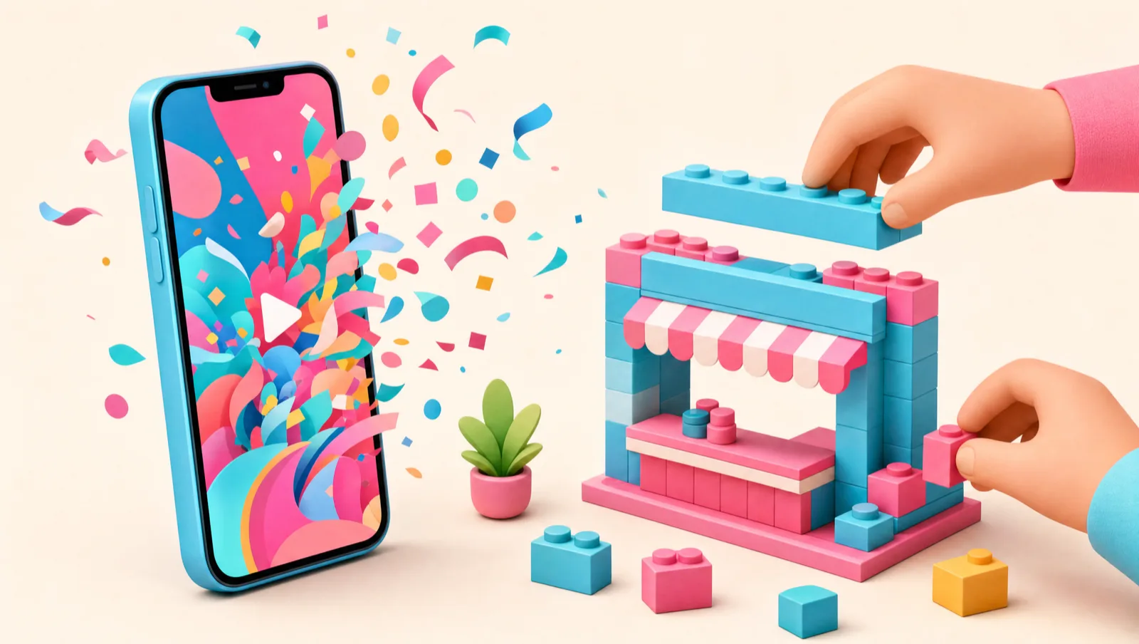 A smartphone bursting with colorful short-form video confetti next to a small shop being built from toy blocks, representing a TikTok Shop brand building its own Shopify store