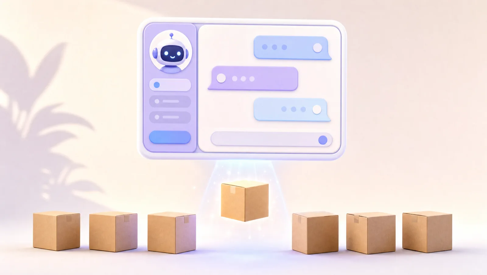 AI chat window lifting one product box out of a lineup with a beam of light, illustrating how AEO and GEO get ecommerce brands cited by AI search