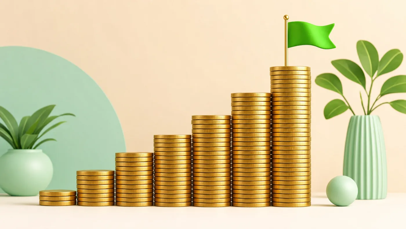 Stair steps built from stacks of gold coins rising to a green flag, representing the ladder from breakeven ROAS to target margin