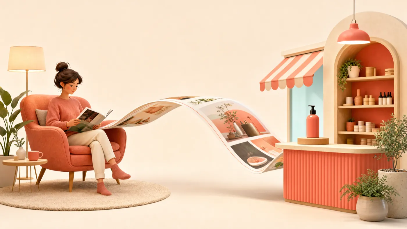 A magazine page forming a bridge from a reader's armchair to a small shop counter, representing how an advertorial walks a cold reader to the product