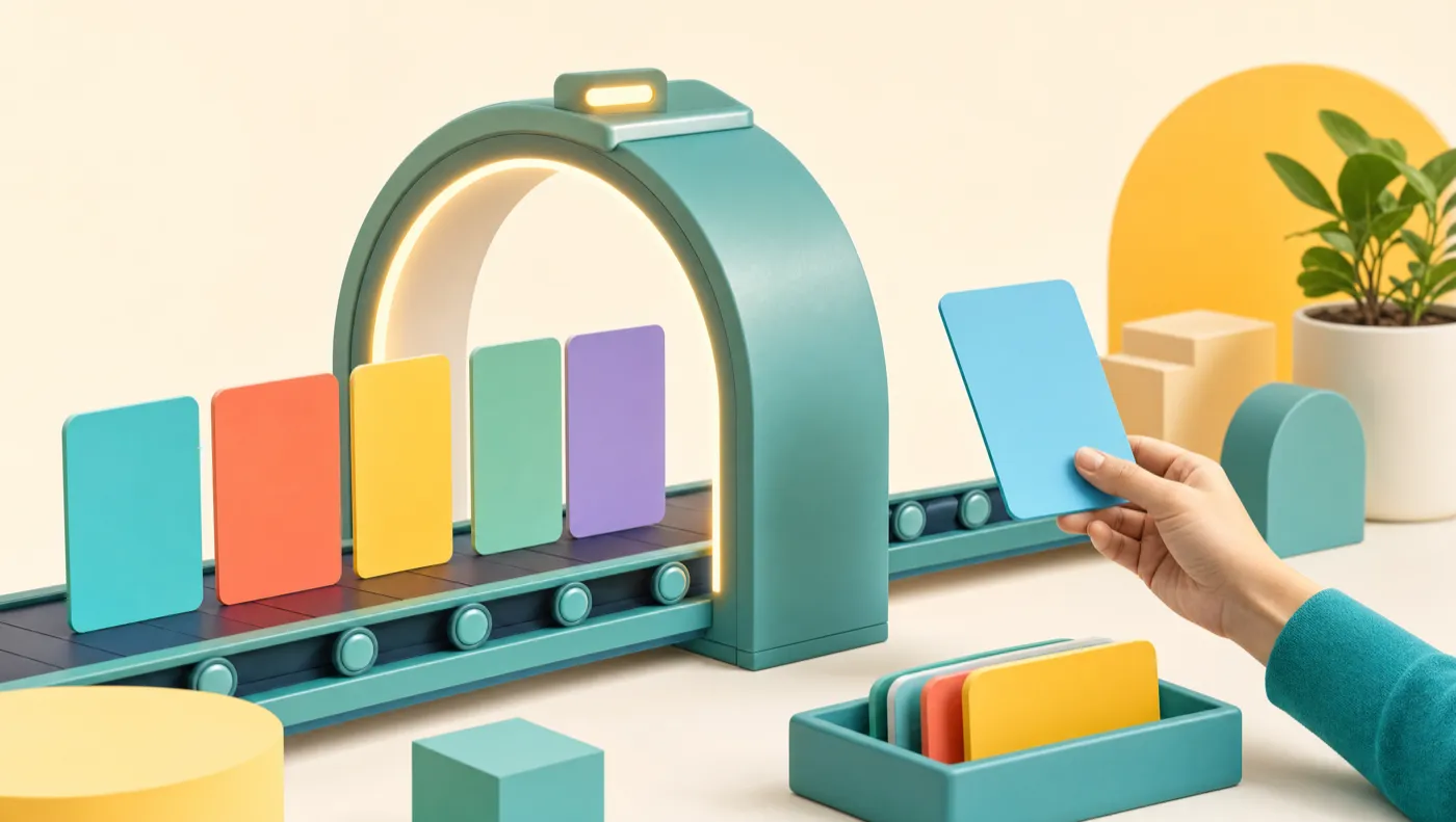 Colorful ad cards on a conveyor passing through a glowing inspection arch while a hand lifts one out, representing the human QA gate in an AI creative pipeline