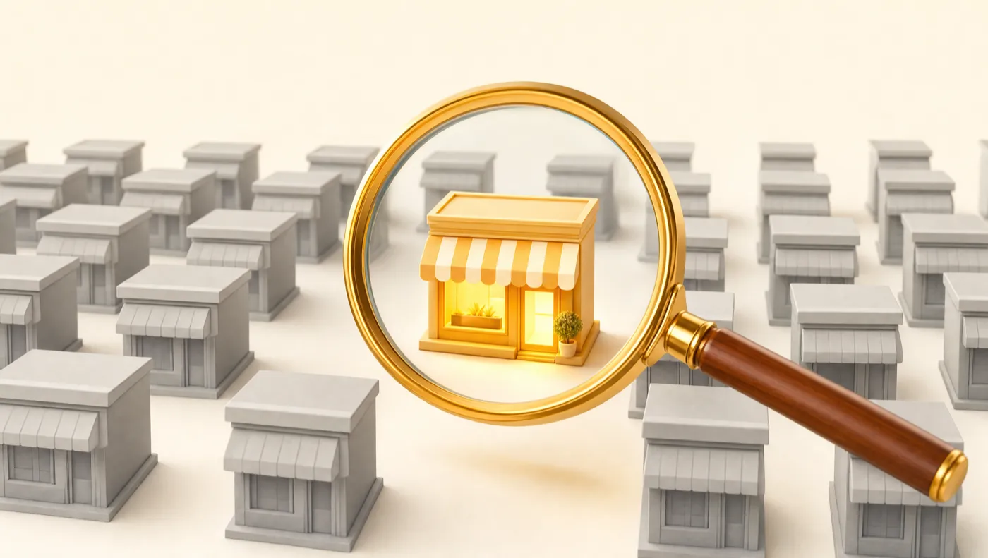 A magnifying glass highlighting one glowing storefront among rows of identical gray shops, representing capturing branded search demand before cold traffic