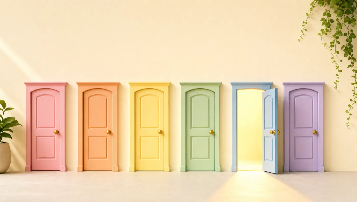 Six pastel doors with one open and glowing, representing the six beauty ad angle families a brand can open