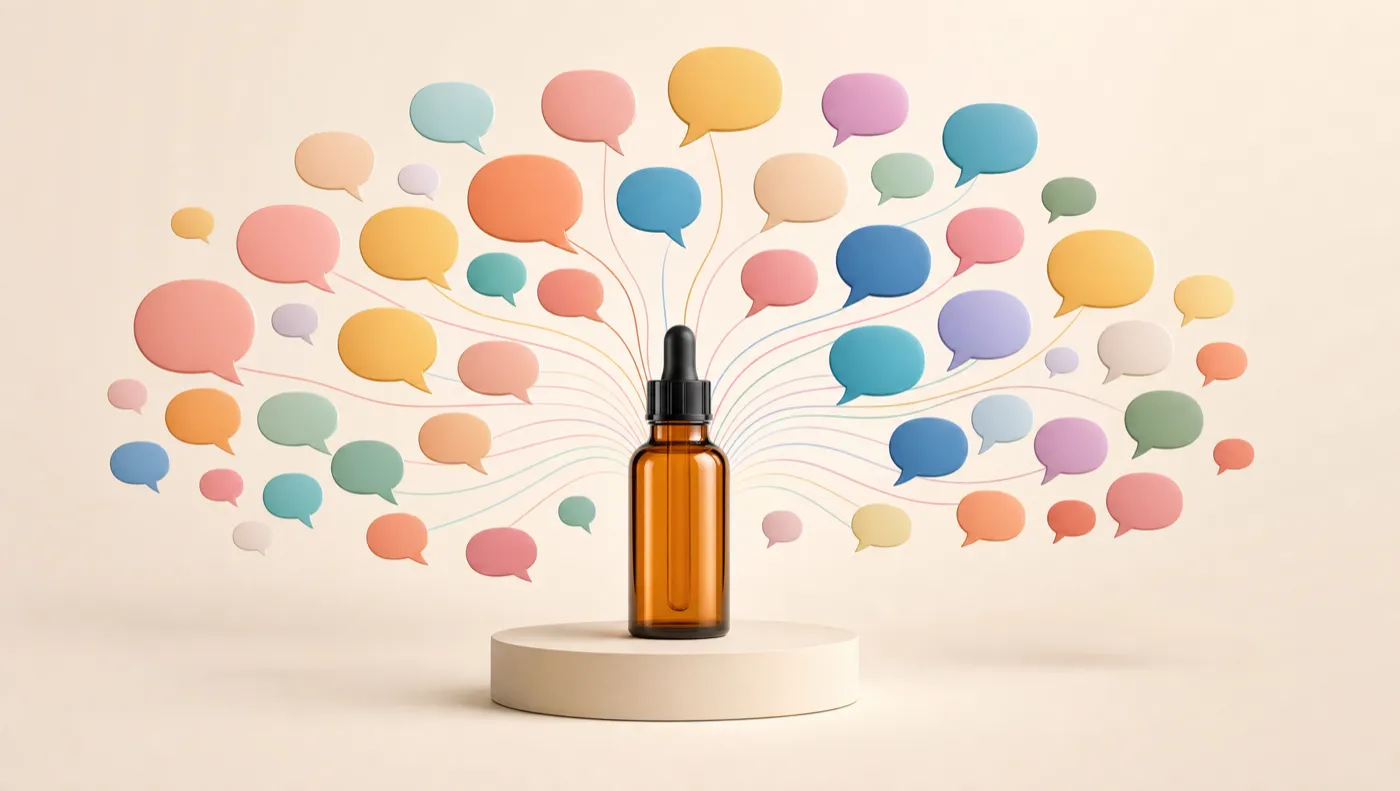 Pastel speech bubbles converging on one product bottle on a podium, representing the source consensus that gets a brand recommended by AI assistants