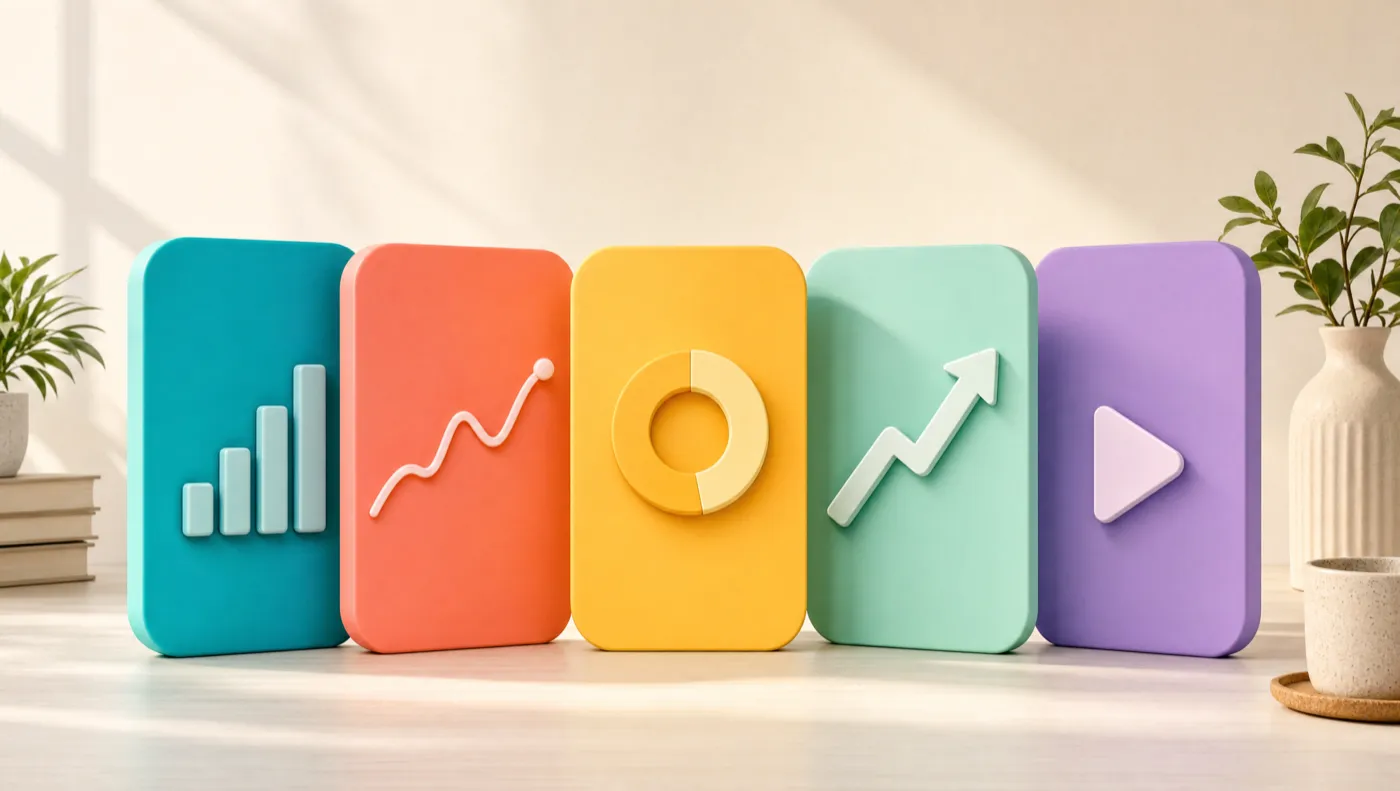 Five pastel dashboard tiles each showing a single chart glyph, representing the five numbers checked first in any DTC account audit
