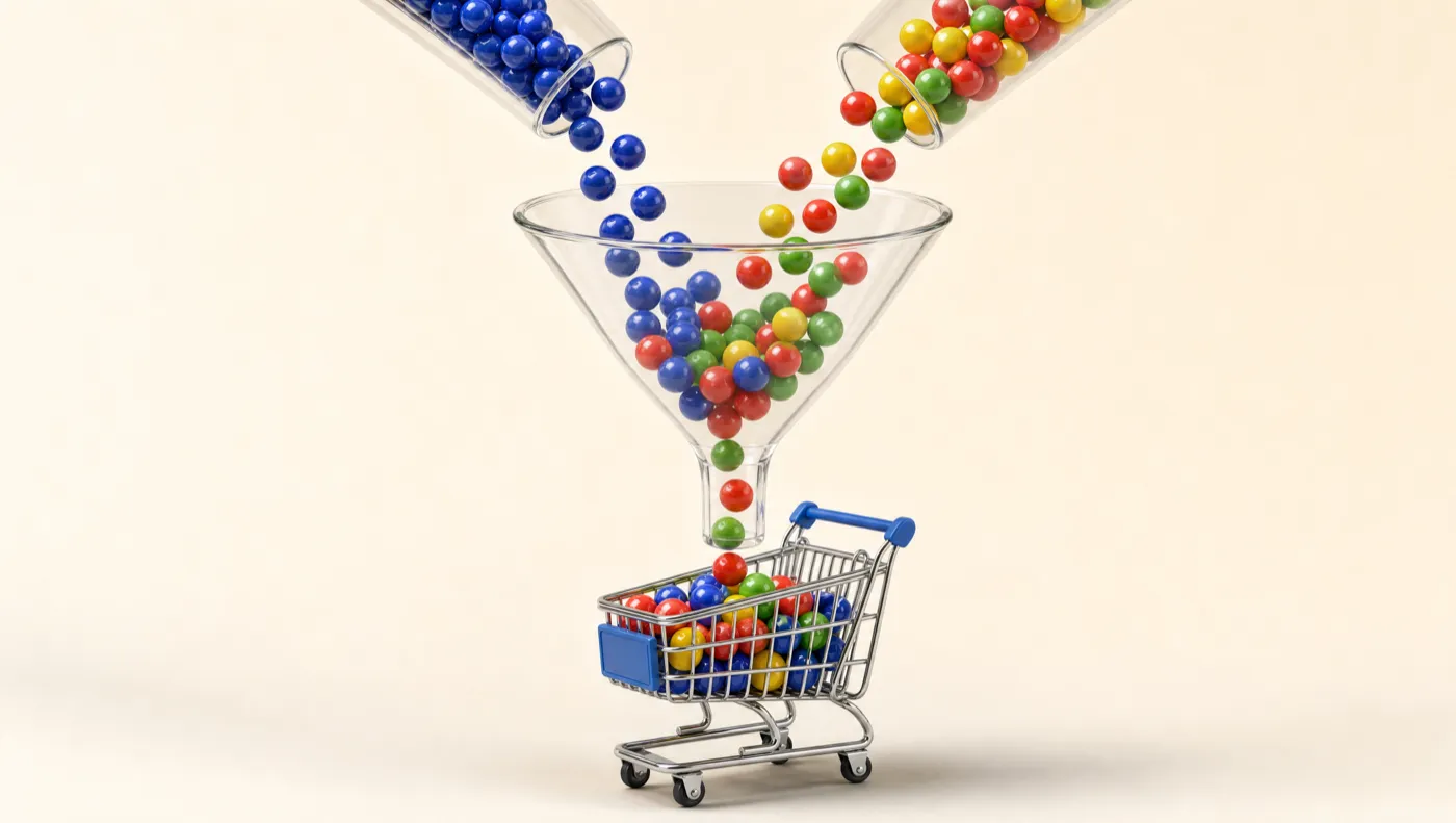 Blue marbles and multicolor marbles pouring through one glass funnel into a shopping cart, representing Meta demand creation and Google demand capture feeding one store