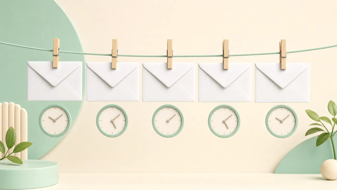 White envelopes pegged along a line with plain clock faces beneath them, representing Klaviyo flow timing from trigger to send