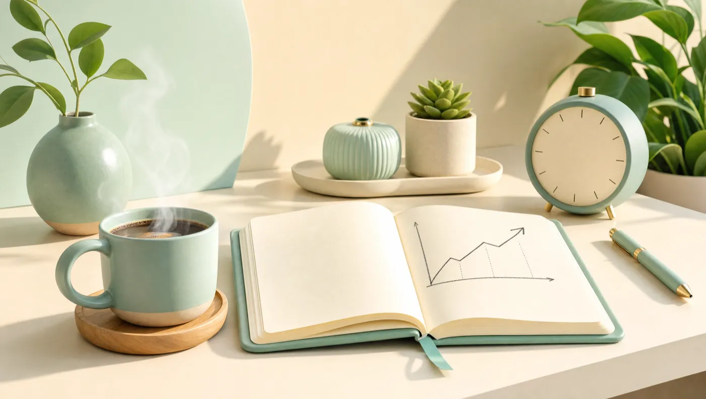 A calm desk with coffee, a notebook with a hand-sketched rising chart and a blank clock, representing the weekly launch review ritual