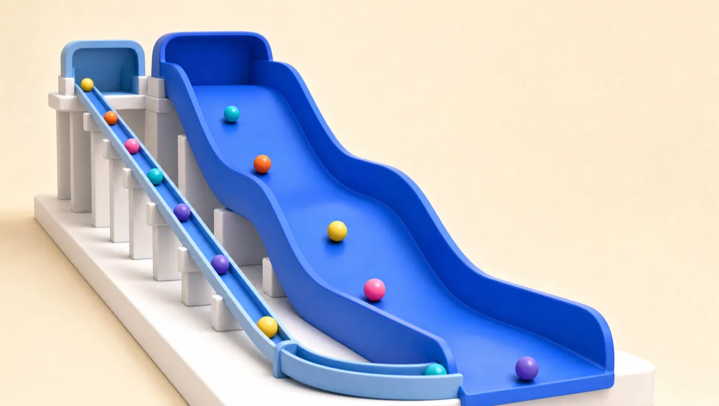 A wide blue slide beside a narrow testing flume feeding into it, representing one consolidated Meta scaling campaign fed by a structured testing lane