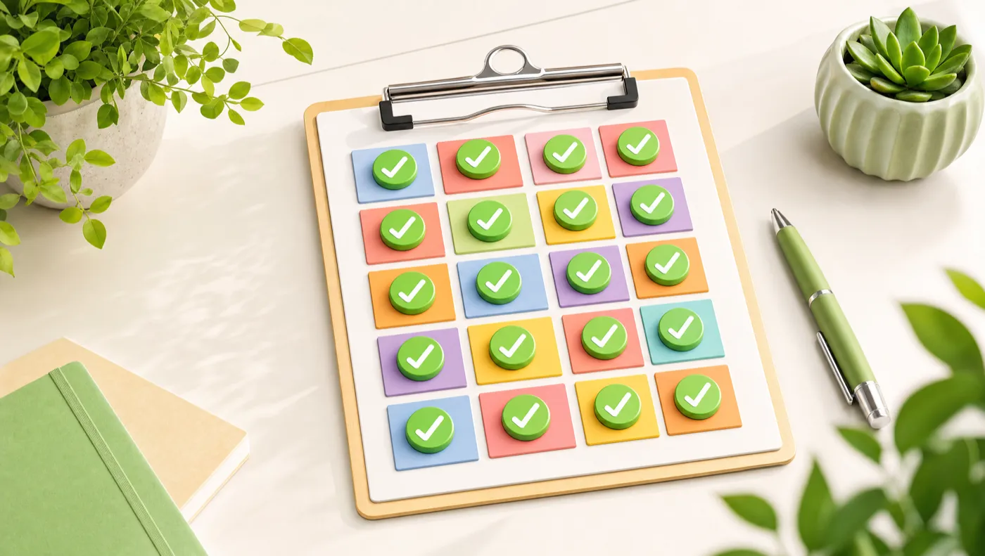 Clipboard grid of colorful squares with green check tokens, representing scoring a product page against the CRO checklist