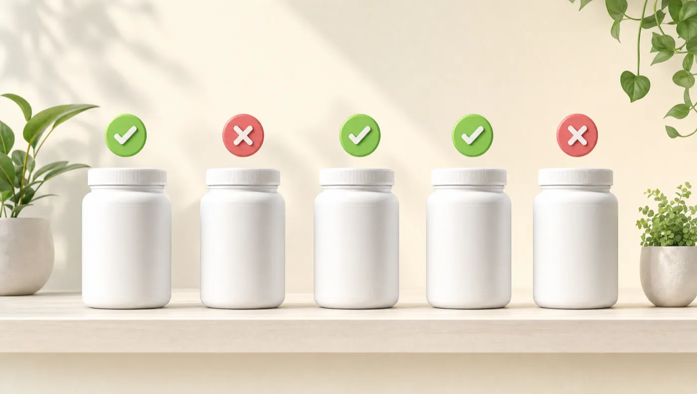 Five supplement jars with green check and red cross tokens above them, representing which supplement ad claims pass or fail review