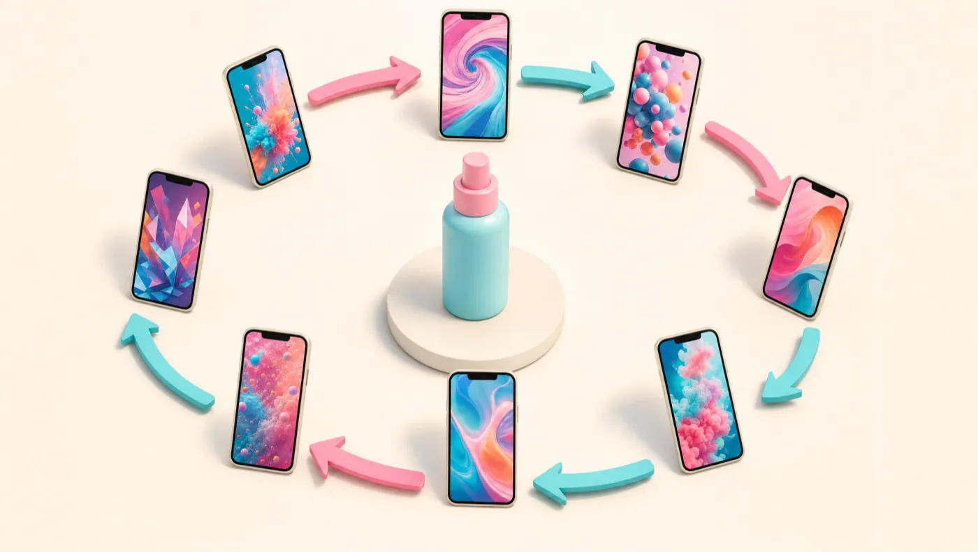 Smartphones playing short videos arranged in a circle of arrows around one product bottle, representing the creator content flywheel feeding paid ads